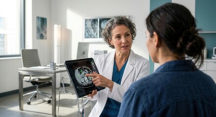 Fototapeta premium Doctor Explains Medical Scan Results On Digital Tablet To Patient