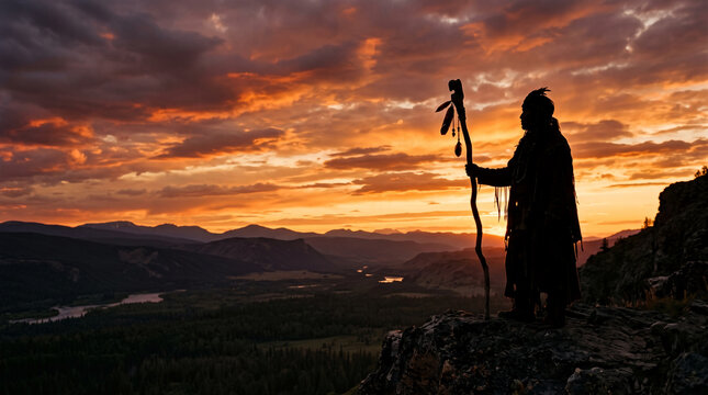 Indigenous man holding staff on mountain peak at dramatic sunset