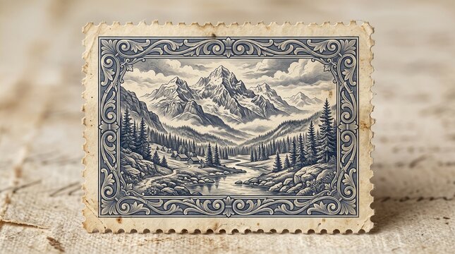 Stamp featuring an intricate mountain landscape illustration sits on aged paper for a vintage effect.