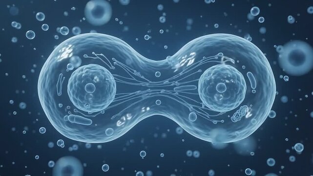 3D Animation of Cell Division Process on Microscopic Blue Background