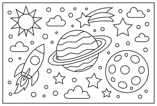 &Eacute;l&eacute;ments spatiaux, dessin au trait, illustration de style cartoon dessin&eacute;e &agrave; la main, coloriage pour enfants