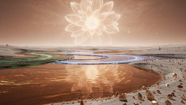 Alien Superfluid Chromatic-Tide Meridian Where Colour Flows as Liquid Terrain Under Copper Nova Sky｜超流体彩色潮汐の子午線：色彩が液体地形として流れる銅色新星空の下の地球外世界