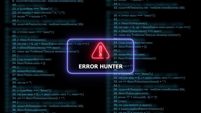 Dynamic software development concept featuring neon error hunter warning sign overlaid on scrolling javascript source code background, for cybersecurity, programming, and technical debugging