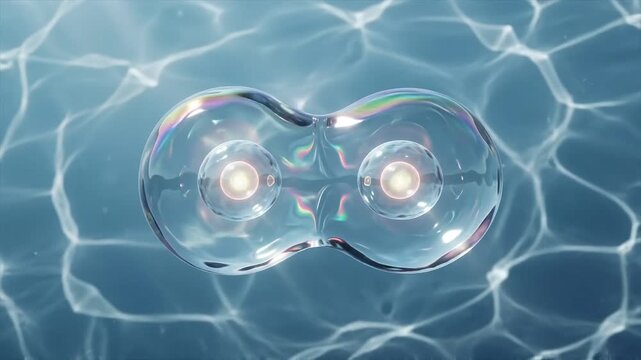 3D render of a single cell dividing into two under water with caustics, scientific representation of mitosis and cellular reproduction