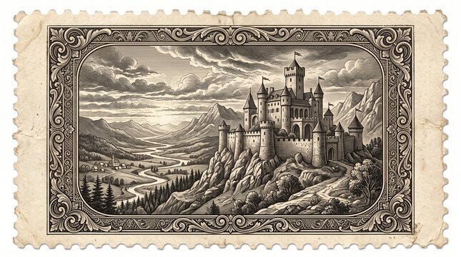 Postage stamp depicts a detailed monochrome engraving of a stone castle perched upon a mountain cliff.
