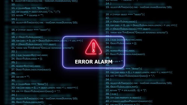 Digital error alarm notification displaying over complex javascript source code background, representing software system failure, cybersecurity threat, debugging process, and critical programming