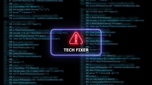 Dynamic tech fixer warning sign overlaying complex blue computer programming code background, for software development, debugging, cybersecurity alerts, it troubleshooting, and, digital system error