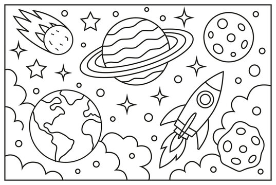 &Eacute;l&eacute;ments spatiaux, dessin au trait, illustration de style cartoon dessin&eacute;e &agrave; la main, coloriage pour enfants