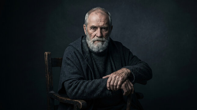 Elderly man with white beard sitting in chair with cane