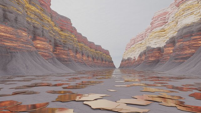 Surreal Inverted Photonic-Sediment Canyon Where Light Accumulates as Solid Strata Under a Pale Copper Giant-Moon Rise｜光が固体の地層として堆積する逆転光子堆積物峡谷が淡い銅色の巨大月の昇光の下に広がる超現実世界