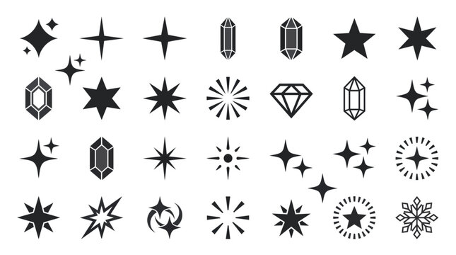 A collection of various vector icons featuring stars, diamonds, and glowing sparkles in black design