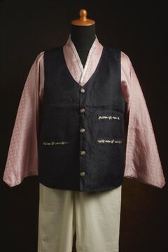 Traditional Korean Male Hanbok with Vest or Jokki Displayed on a Dress Form