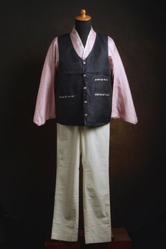 Traditional Korean Male Hanbok with Vest or Jokki Displayed on a Dress Form