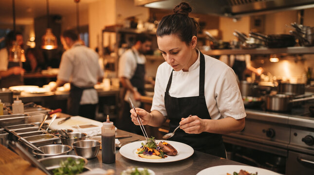 Chef meticulously garnishing gourmet dish with tweezers in busy professional kitchen