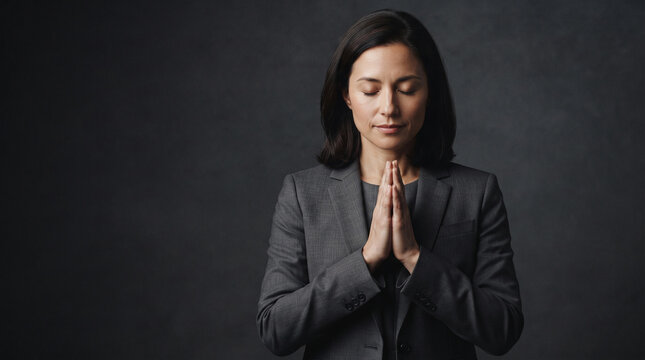 Businesswoman with eyes closed praying or meditating in a gray suit