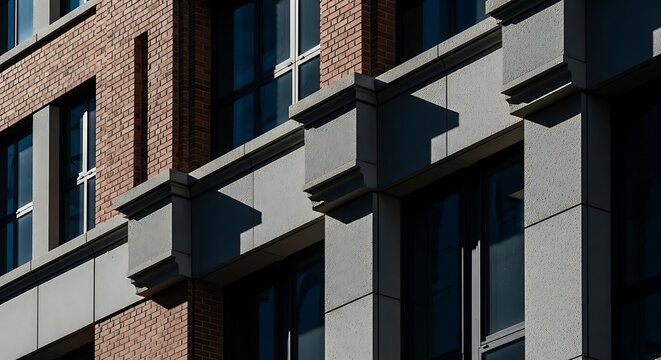 Modern architectural facade featuring a blend of classic red brickwork and contemporary stone panels with deep shadows