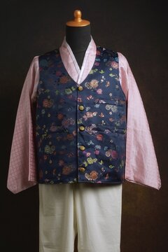Traditional Korean Male Hanbok with Vest or Jokki Displayed on a Dress Form