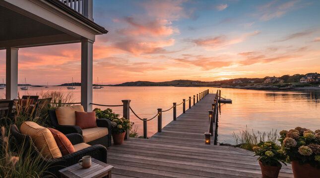 Waterfront deck with chairs and dock at sunset with colorful sky