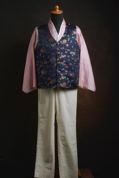 Traditional Korean Male Hanbok with Vest or Jokki Displayed on a Dress Form