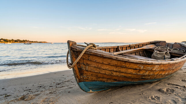 Wooden rowboat resting on sandy beach near calm ocean at sunset