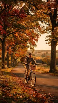 A person riding a bicycle down a tree lined road during a golden autumn afternoon.