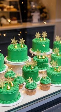 A charming display of vibrant green frosted cakes sits behind a bakery window, adorned with gold ornaments and twinkling festive lights, elegant, ribbon, pastry