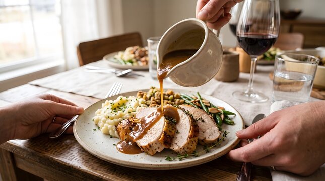 Pouring Rich Warm Gravy Over Sliced Roasted Turkey Breast Plate.