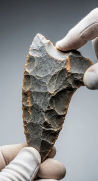 A detailed close up of a prehistoric stone tool with a sharp edge being examined, highlighting the primitive creation from the paleolithic era, evolutionary, flint, inspection