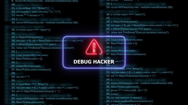 Dynamic debug hacker warning sign displayed over scrolling blue computer programming source code background, representing cybersecurity threats, software development errors, and digital system