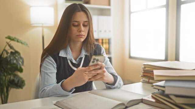 Woman in school uniform holding smartphone and frowning over open books at a study desk in a building; study fatigue frustration.