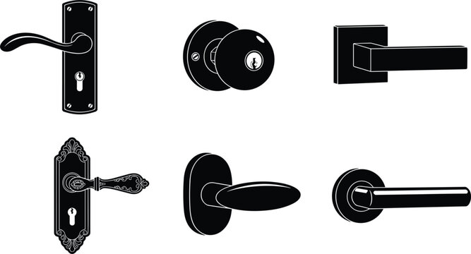 Modern and vintage door handle knob and lock mechanisms set for interior architecture house construction vector illustration glyph