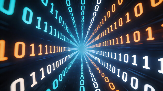 Binary code tunnel with glowing numbers