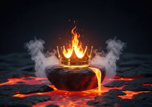 A golden crown glows with intense heat atop a sharp volcanic stone, surrounded by thick smoke and flowing lava in a dark, fiery kingdom, lava, smoke, throne