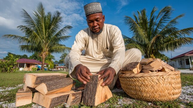 Elderly man in traditional attire and kofia cap skillfully stacking chopped firewood into a woven basket in a rural tropical village environment.