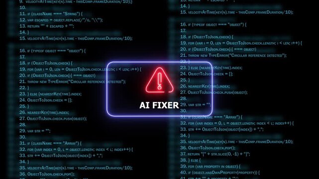 Ai fixer software concept featuring glowing neon warning overlaid on scrolling computer programming source code background, for cybersecurity, debugging, artificial intelligence, and, tech development