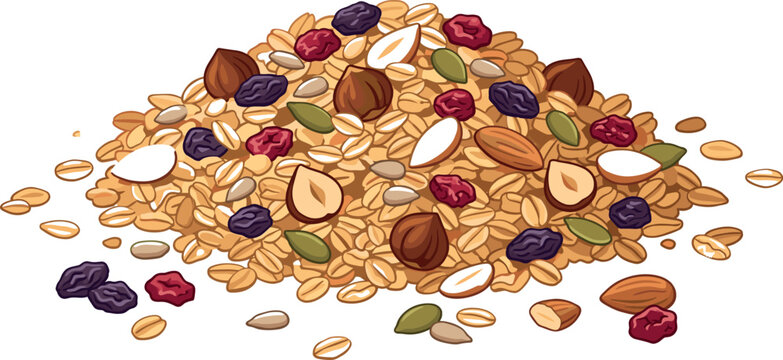 Healthy organic breakfast muesli granola vector illustration pile with oat flakes hazelnut almond raisin cranberry and mixed seeds,