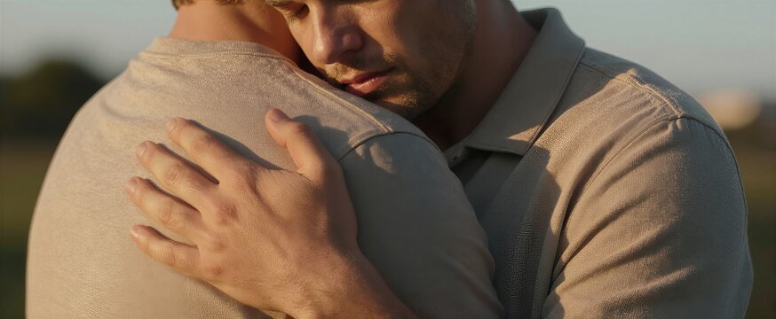 Captures Close Moment Two Individuals Engaged In Embrace Primary Subject On Right Side Of Frame With Head Tilted Downwards Towards