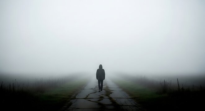 A lone silhouette walks along a desolate cracked road disappearing into a thick mysterious fog during a cold and overcast day
