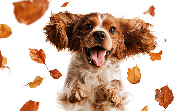 Playful dog jumps in autumn leaves