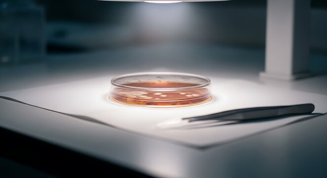 Scientific Petri Dish With Bacterial Culture Sample Placed Under Laboratory Microscope Light For Medical Research Analysis