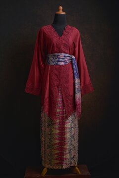 Maroon embroidered kebaya with batik skirt and shawl displayed on a dress form