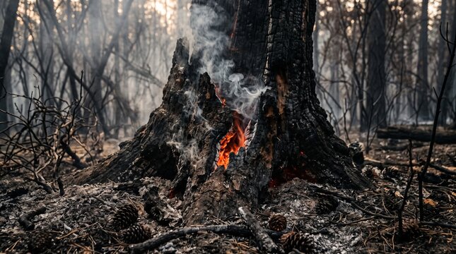 Smoldering remains of a tree in a burnt forest after a devastating wildfire.