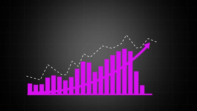 Dynamic pink bar chart rising with upward trend arrow and white line graph overlay on a dark grid background, representing financial growth, business success, market, analysis, and positive economic