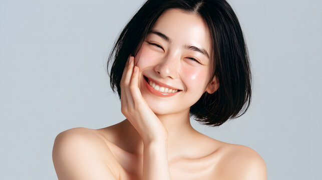 美容広告に最適な、透明感のある美肌を持つショートボブの日本人女性。ライトグレー背景で微笑む表情