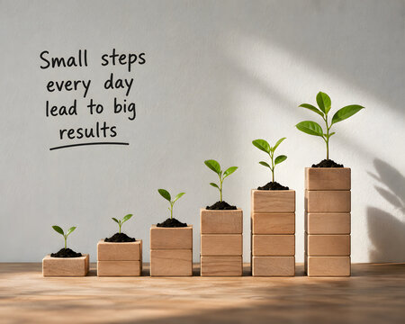 Young plants growing on rising wooden blocks illustrate gradual progress, sustainable growth, patience, and how small steps create meaningful results.