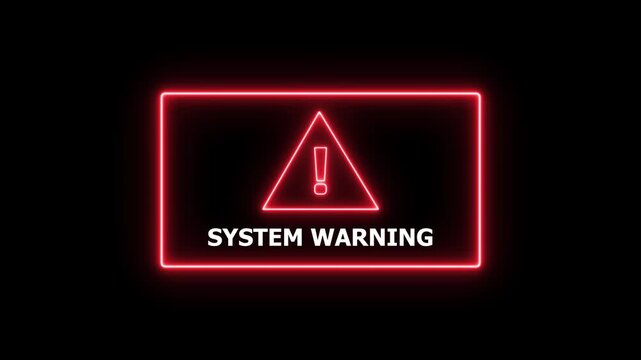 Glowing red neon system warning alert sign with flashing exclamation point triangle digital interface notification for critical software errors, cybersecurity threat detection, and technical issues