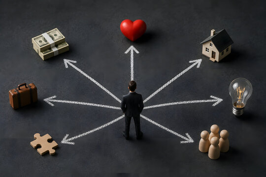 A person stands before multiple paths leading toward money, love, home, travel, ideas, relationships, and personal choices.