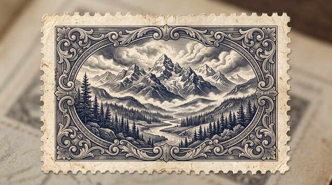 Postage stamp featuring an intricate illustration of a majestic mountain range sits on an old document.