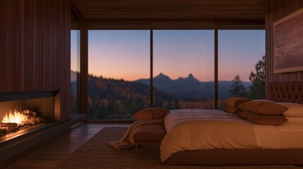 Naklejka premium Luxury mountain lodge master suite with a cozy bed and glowing fireplace, featuring warm wood textures and forest views for high-end property campaigns