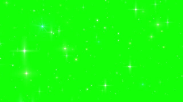 Sparkling star particles glow across a bright green chroma key background for video editing keying overlays.